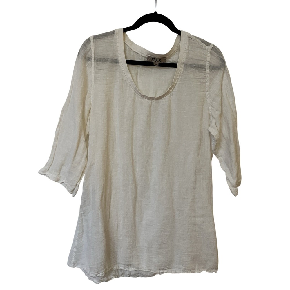 FLAX White Linen Cotton Blend Scoop Neck 3/4 Sleeve Tunic Blouse Womens M